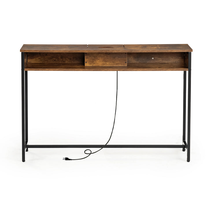 Console étroite avec station de recharge et prise électrique, table d'appoint compacte à placer derrière un canapé, 120 cm, marron
