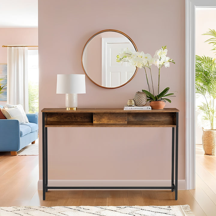 Console étroite avec station de recharge et prise électrique, table d'appoint compacte à placer derrière un canapé, 120 cm, marron