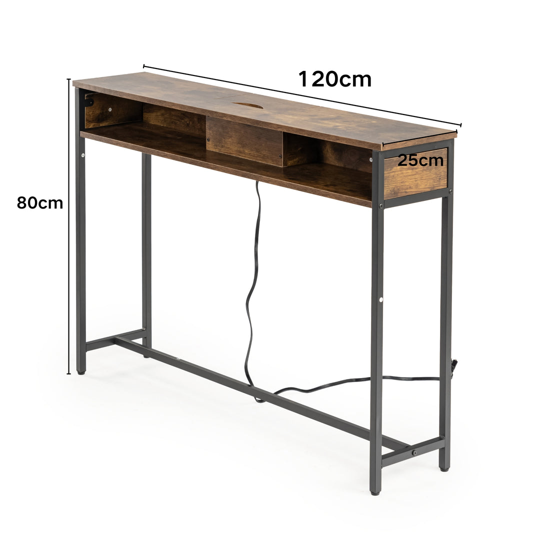 Console étroite avec station de recharge et prise électrique, table d'appoint compacte à placer derrière un canapé, 120 cm, marron