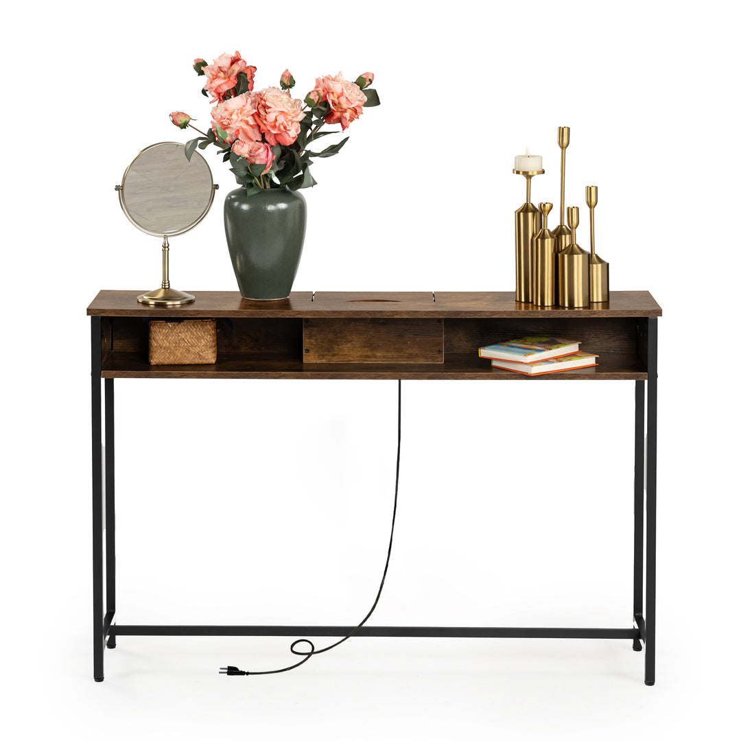 Console étroite avec station de recharge et prise électrique, table d'appoint compacte à placer derrière un canapé, 120 cm, marron