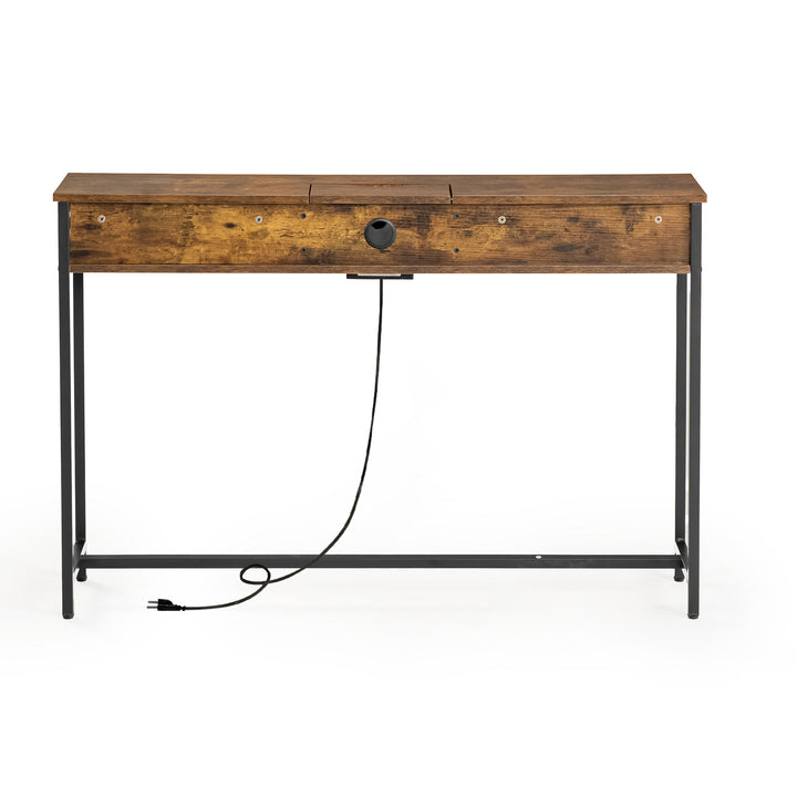 Console étroite avec station de recharge et prise électrique, table d'appoint compacte à placer derrière un canapé, 120 cm, marron