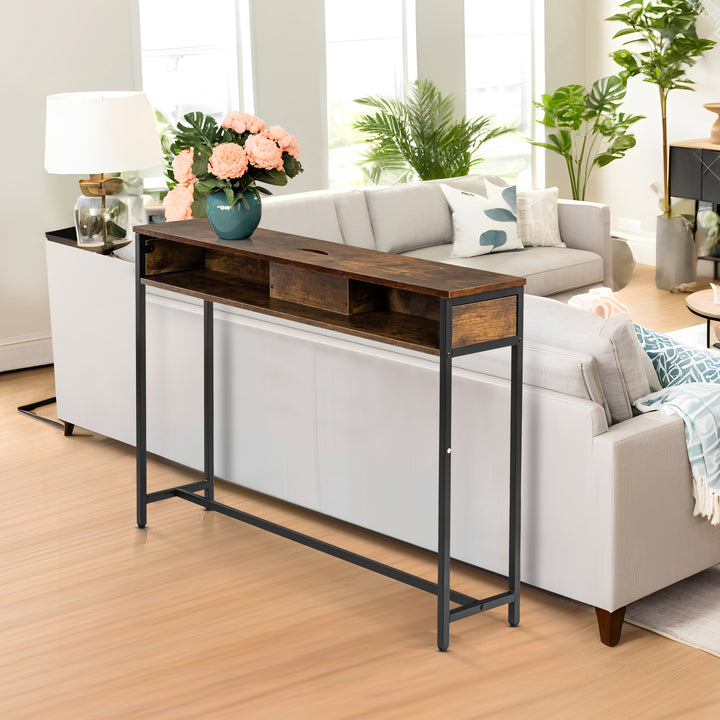 Console étroite avec station de recharge et prise électrique, table d'appoint compacte à placer derrière un canapé, 120 cm, marron