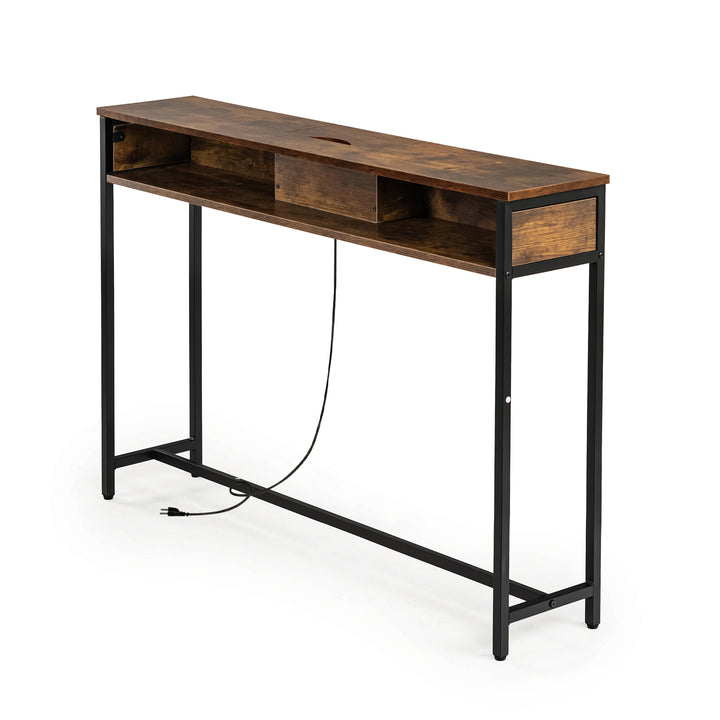 Console étroite avec station de recharge et prise électrique, table d'appoint compacte à placer derrière un canapé, 120 cm, marron
