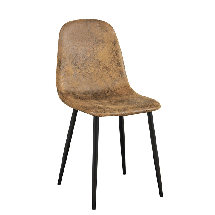 Set of four tan faux suede dining chairs with black metal legs. Curved shell supports the back and a slim frame saves space for kitchens, dining rooms, and apartments.