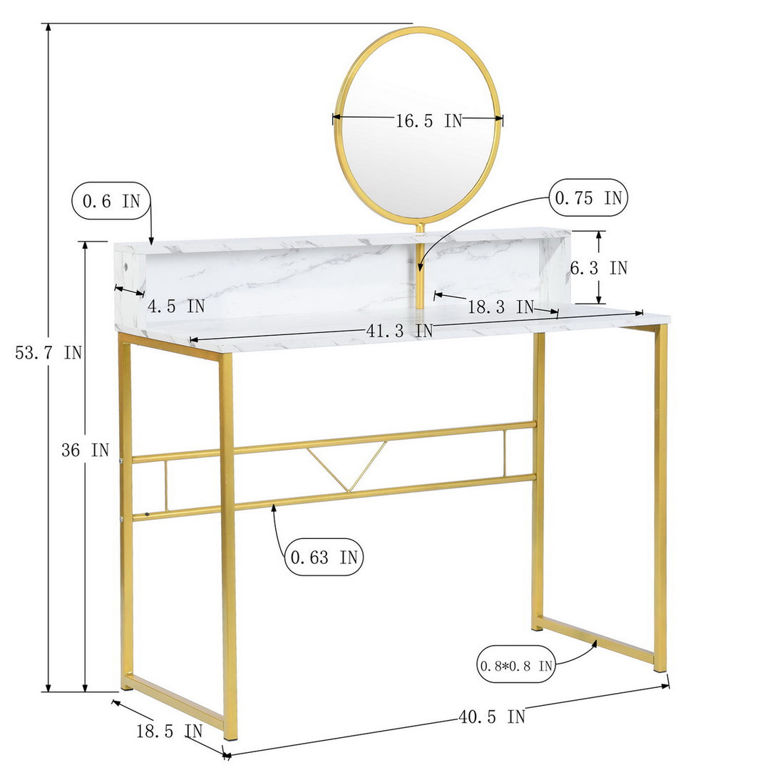 Coiffeuse FurnitureR avec plateau en marbre, miroir rond, structure en métal doré et étagère de rangement, 103 cm (40,5 pouces), style moderne