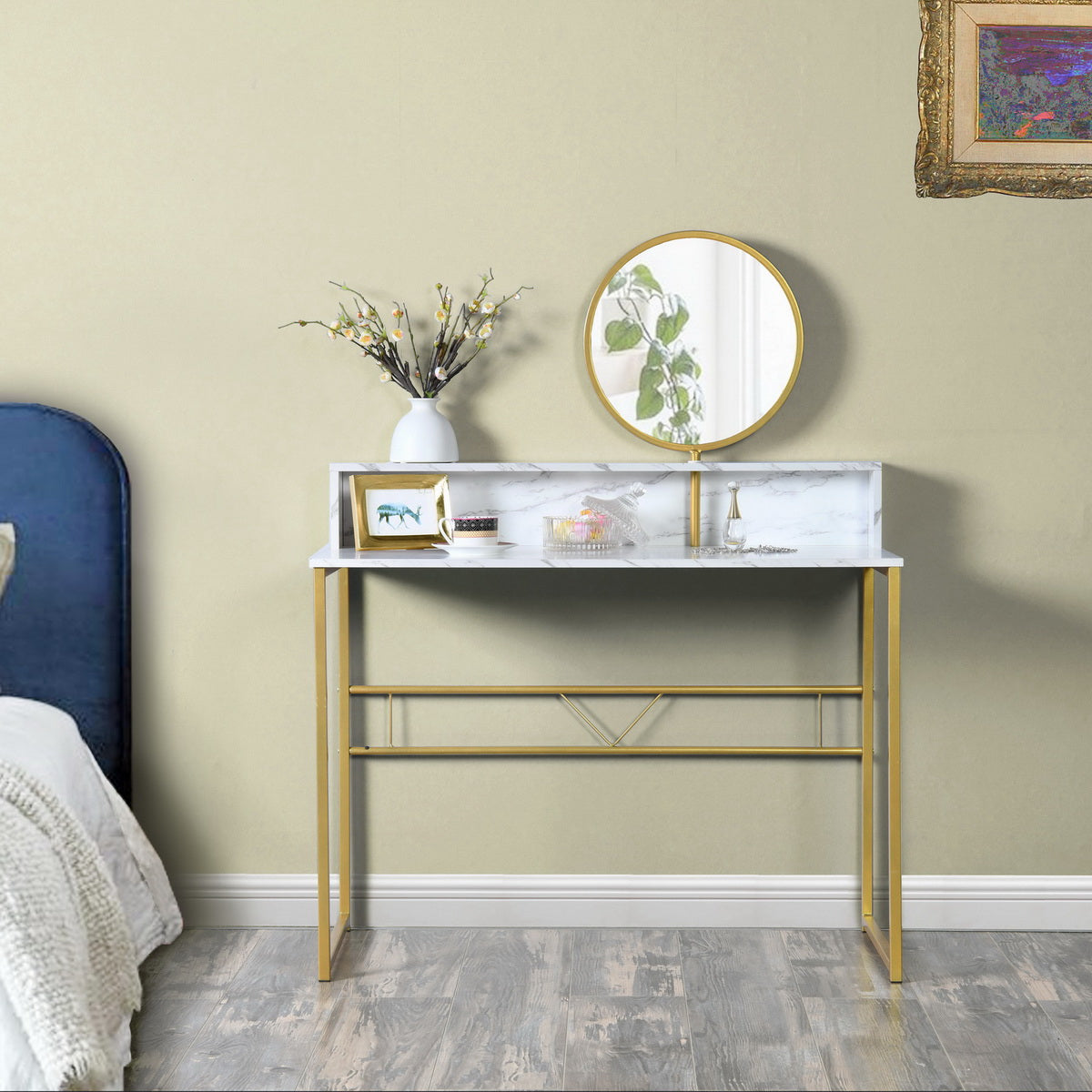 Coiffeuse FurnitureR avec plateau en marbre, miroir rond, structure en métal doré et étagère de rangement, 103 cm (40,5 pouces), style moderne