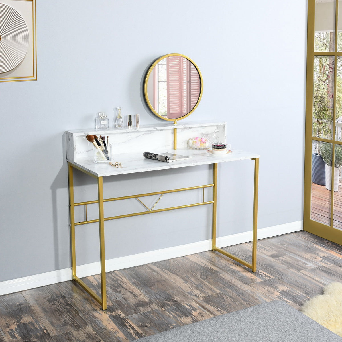 Coiffeuse FurnitureR avec plateau en marbre, miroir rond, structure en métal doré et étagère de rangement, 103 cm (40,5 pouces), style moderne