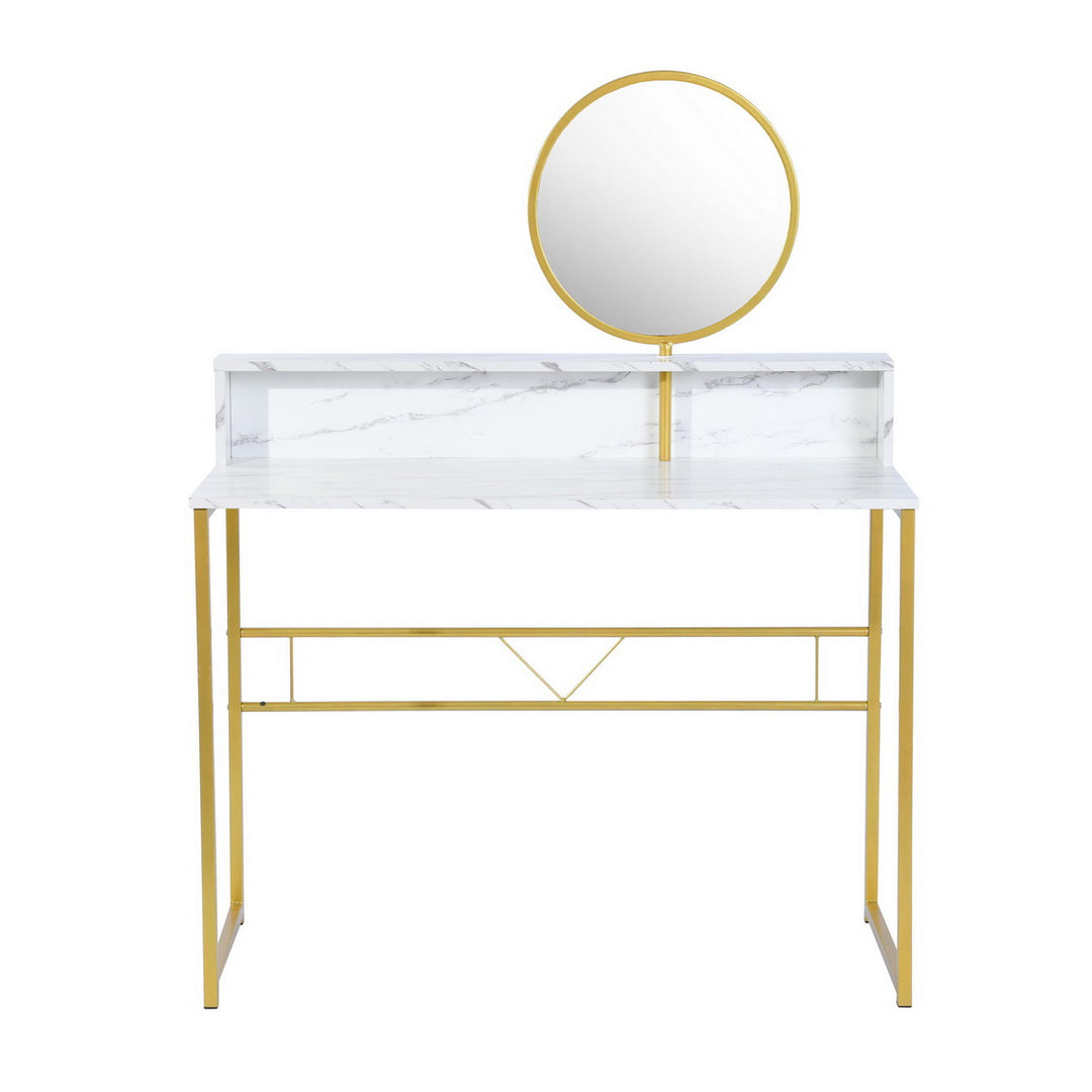 Coiffeuse FurnitureR avec plateau en marbre, miroir rond, structure en métal doré et étagère de rangement, 103 cm (40,5 pouces), style moderne