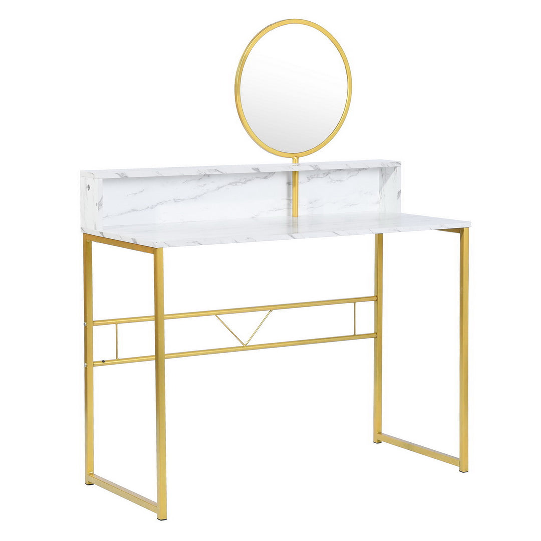 Coiffeuse FurnitureR avec plateau en marbre, miroir rond, structure en métal doré et étagère de rangement, 103 cm (40,5 pouces), style moderne