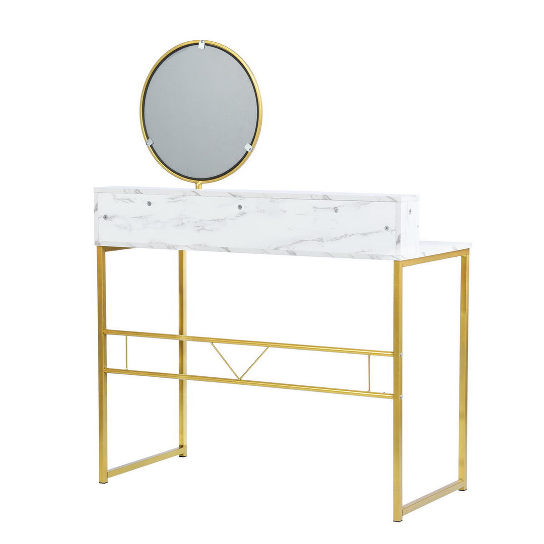 Coiffeuse FurnitureR avec plateau en marbre, miroir rond, structure en métal doré et étagère de rangement, 103 cm (40,5 pouces), style moderne