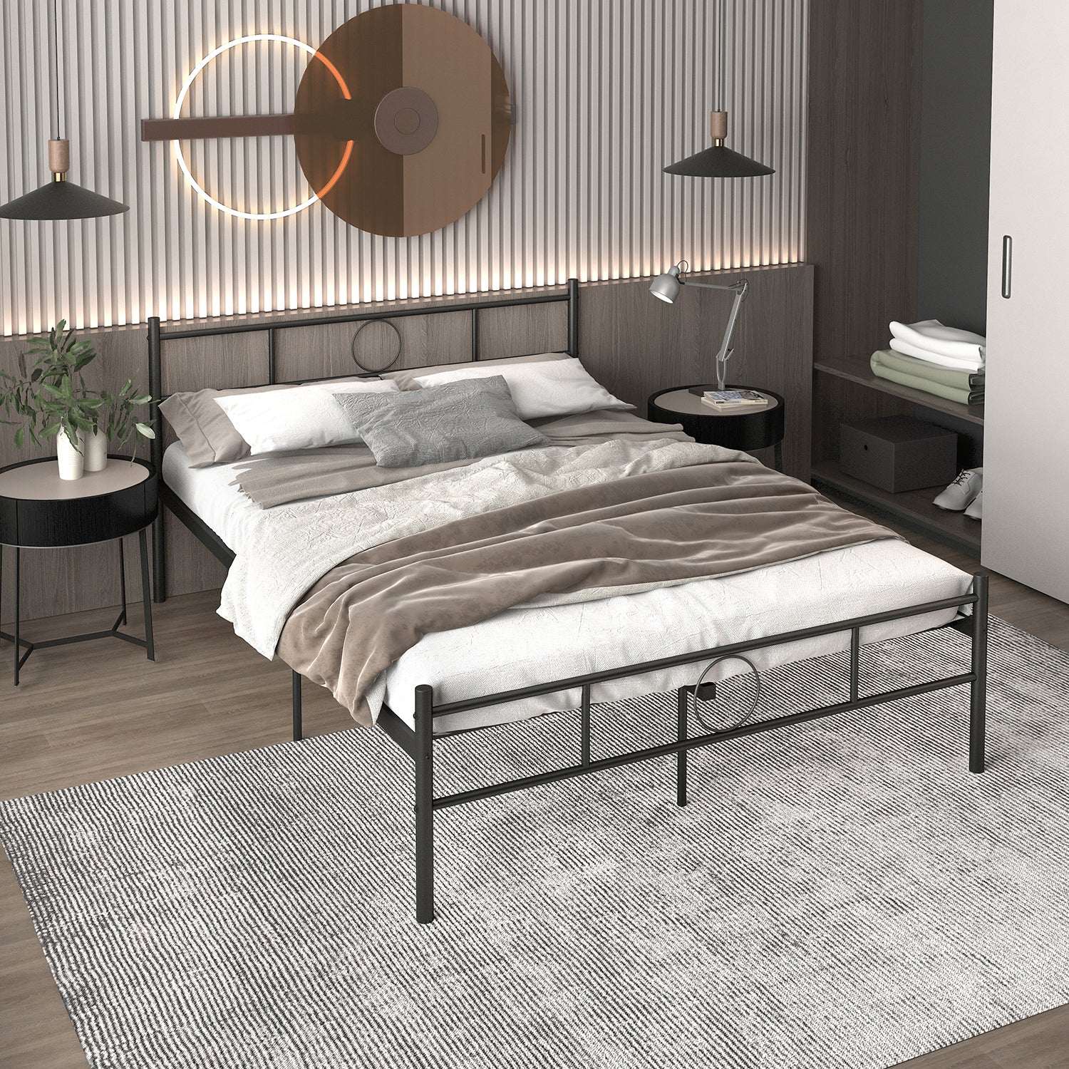 Cadre de lit en métal FurnitureR avec tête et pied de lit – Lattes en acier robustes, rangement sous le sommier, aucun sommier tapissier requis, taille standard, noir
