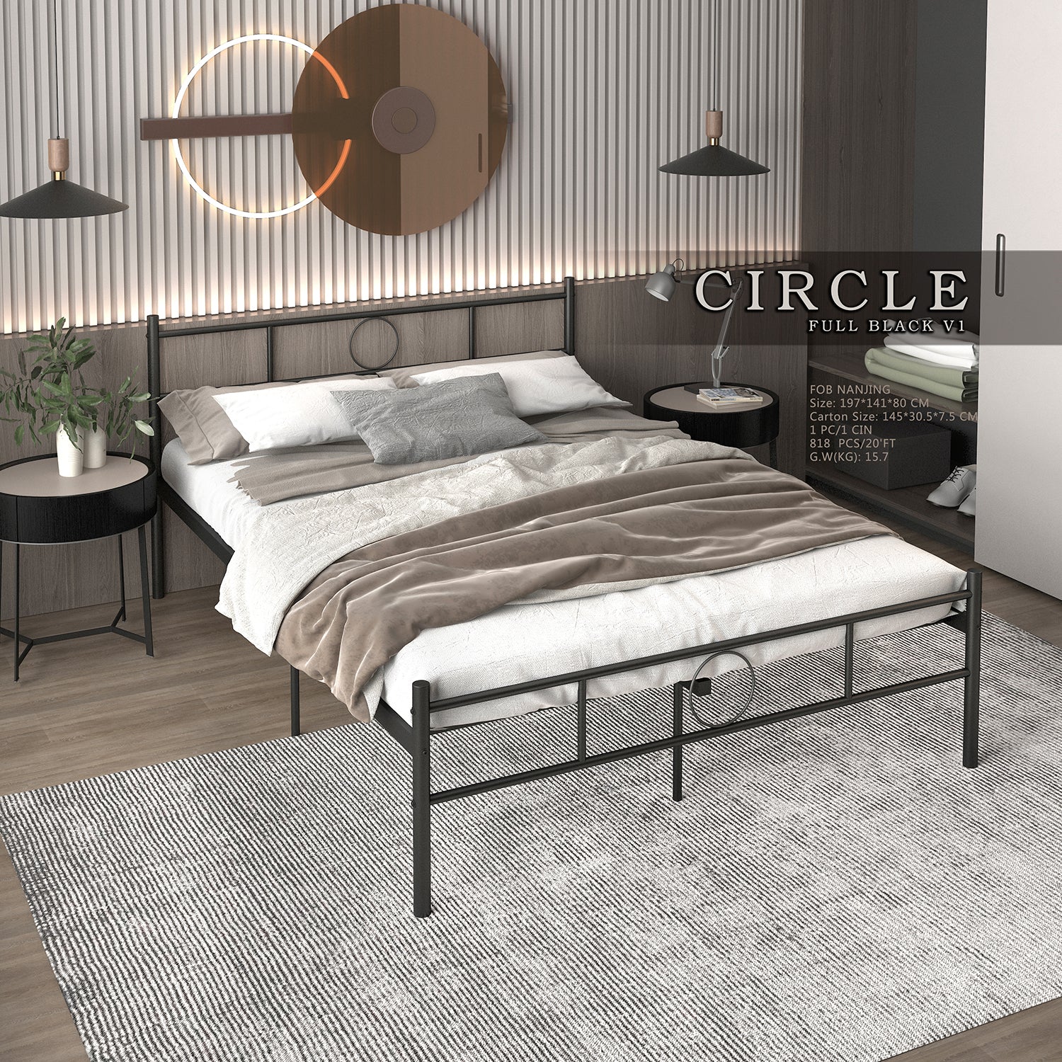 Cadre de lit en métal FurnitureR avec tête et pied de lit – Lattes en acier robustes, rangement sous le sommier, aucun sommier tapissier requis, taille standard, noir
