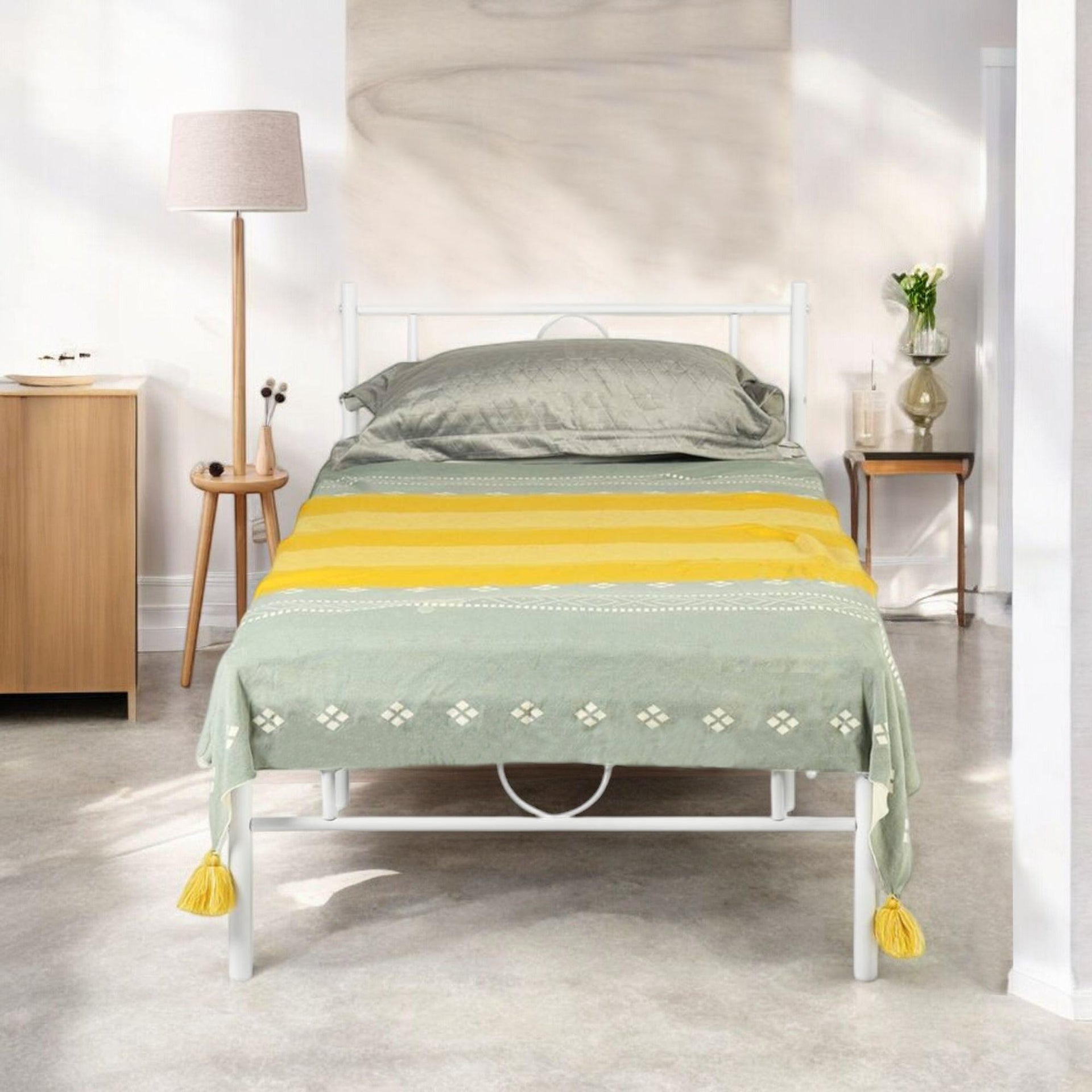 Cadre de lit en métal FurnitureR pour lit simple, avec tête et pied de lit – Rangement sous le sommier, aucun sommier requis, montage facile, blanc