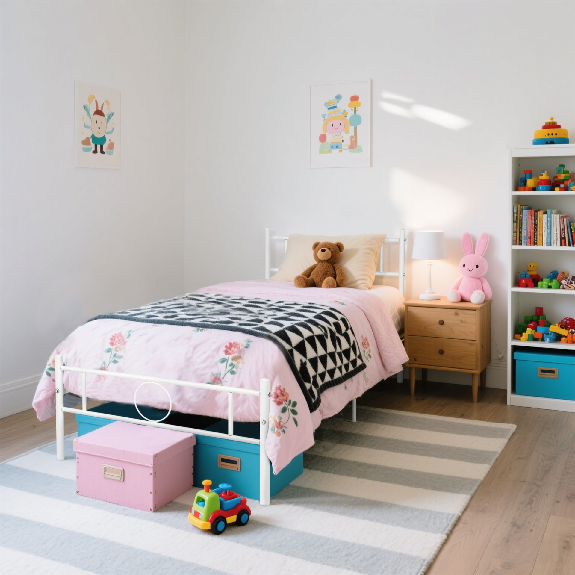 Cadre de lit en métal FurnitureR pour lit simple, avec tête et pied de lit – Rangement sous le sommier, aucun sommier requis, montage facile, blanc