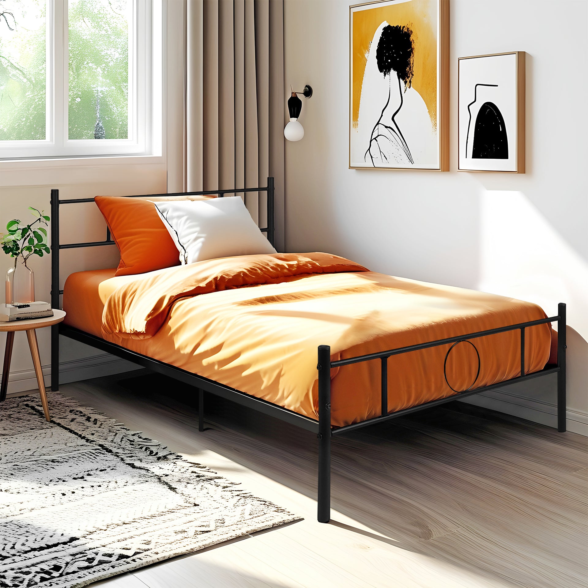 Cadre de lit en métal FurnitureR pour lit simple, avec tête et pied de lit – Rangement sous le sommier, sans sommier tapissier, noir