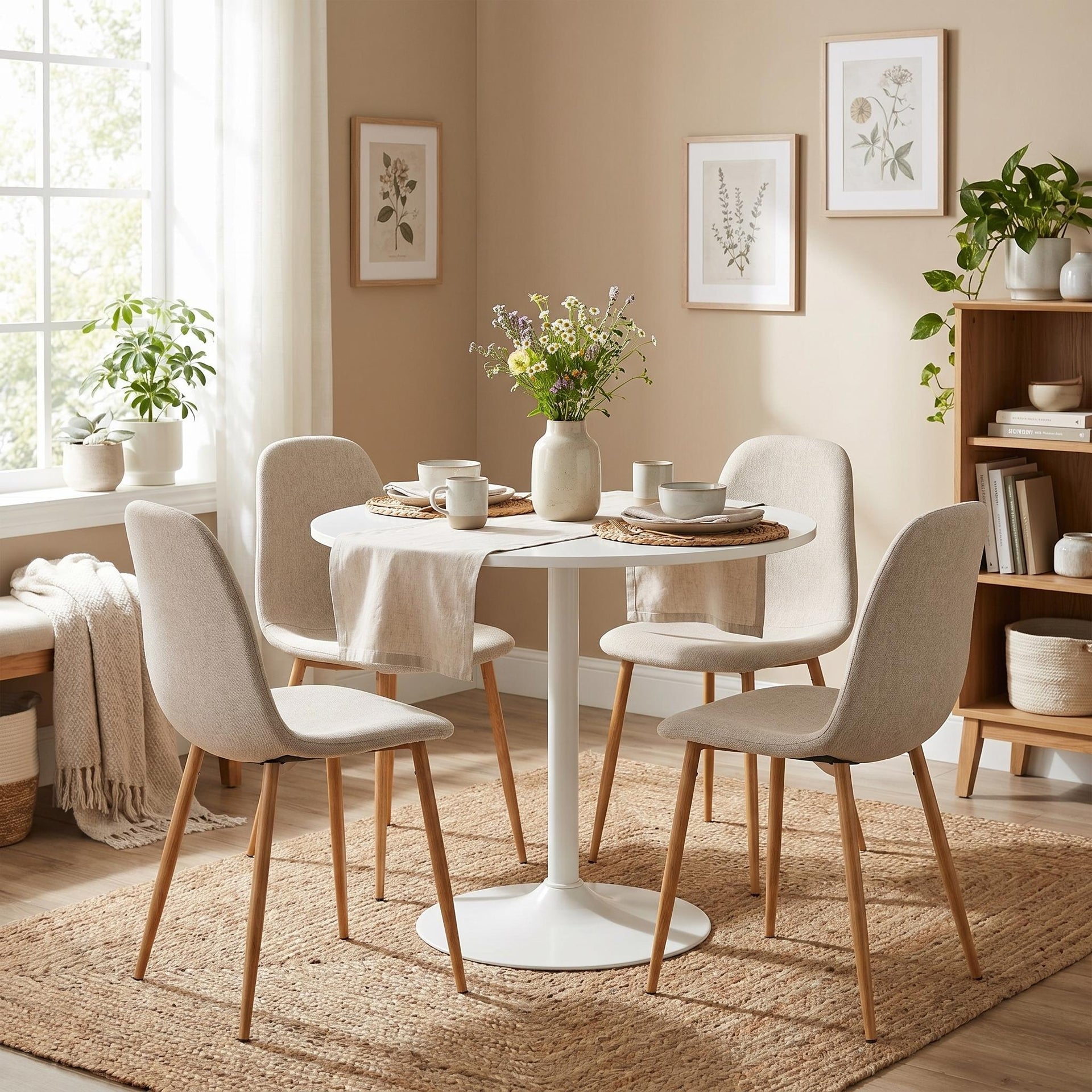 FurnitureR 5-Piece Round Dining Table Set with Upholstered Chairs, Modern Space Saving Kitchen Dining Set for Apartment Breakfast Nook Dining Room