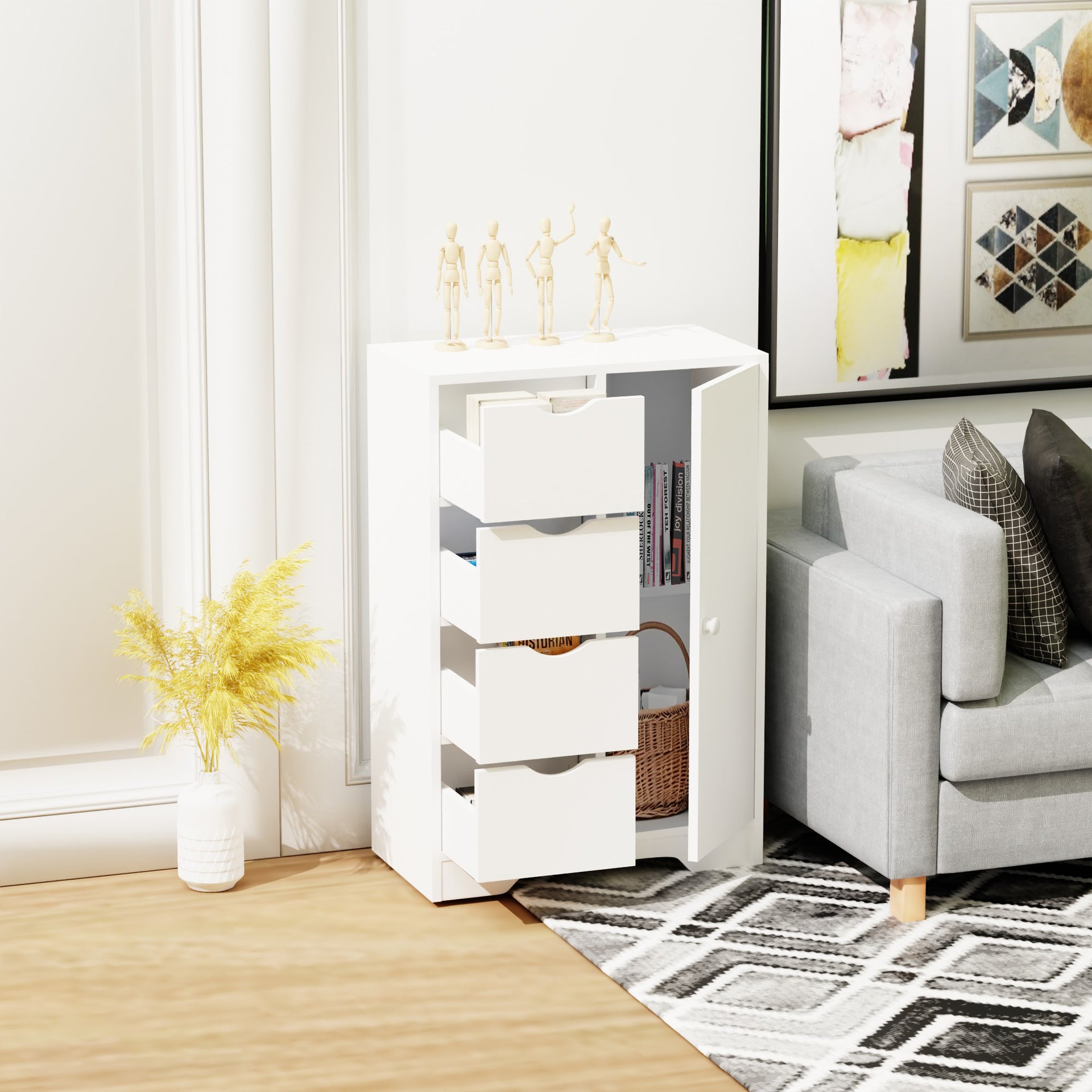 Meuble de rangement FurnitureR avec 4 tiroirs et porte latérale, unité de rangement moderne en bois avec étagères réglables, hauteur 82 cm (32,28 pouces), blanc