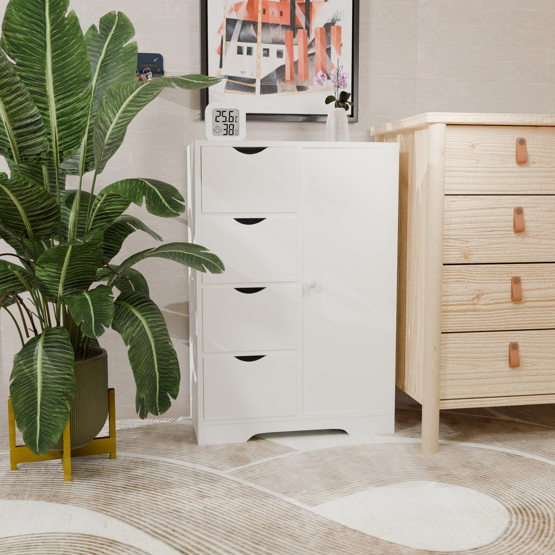 Meuble de rangement FurnitureR avec 4 tiroirs et porte latérale, unité de rangement moderne en bois avec étagères réglables, hauteur 82 cm (32,28 pouces), blanc