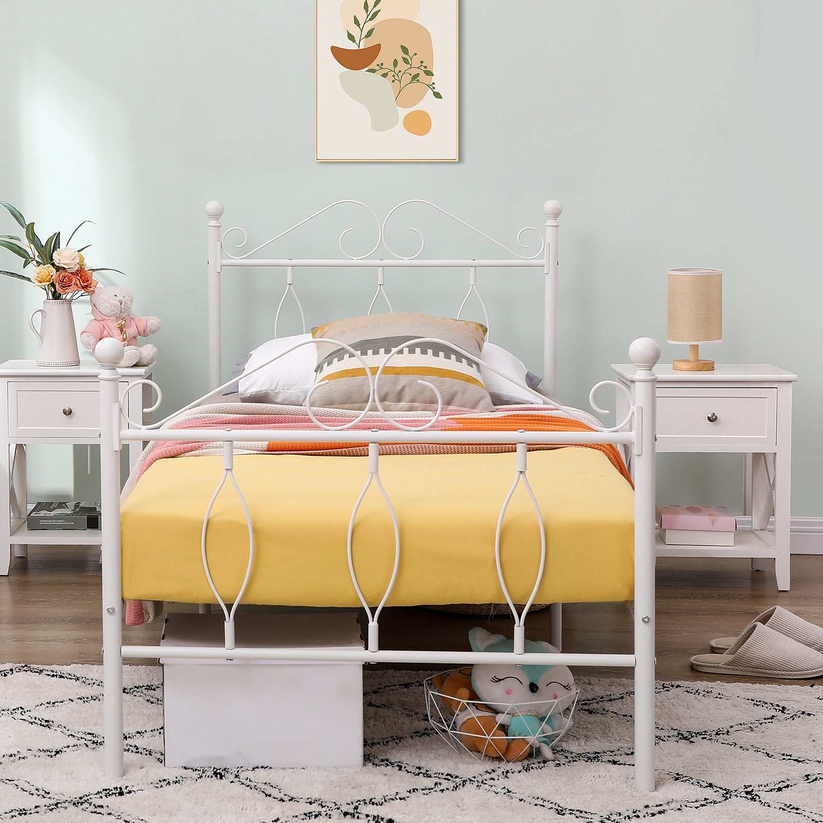 Cadre de lit en métal FurnitureR pour lit simple, avec tête et pied de lit, sommier à lattes en acier, silencieux, rangement sous le lit, blanc