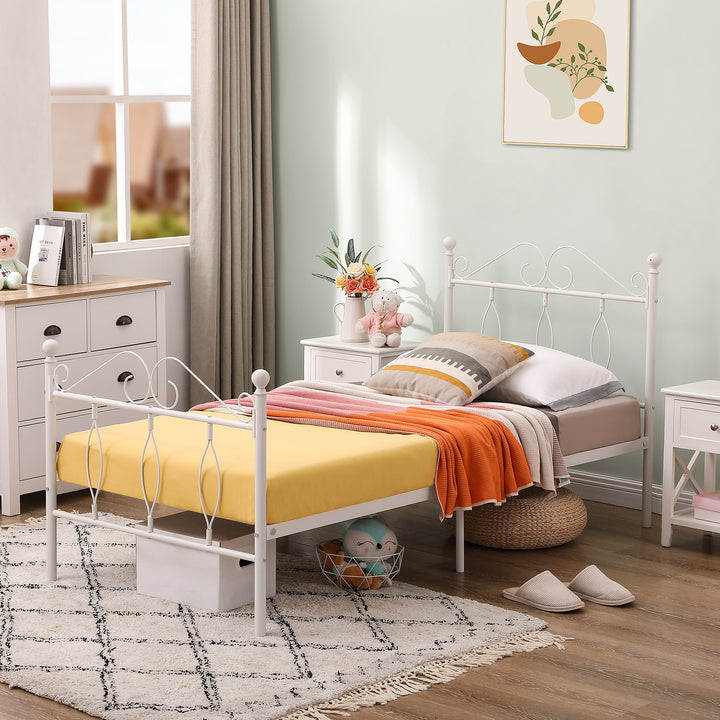 FurnitureR Metallbettgestell (Einzelbettgröße) mit Kopf- und Fußteil, Lattenrost aus Stahl, geräuscharm, mit Stauraum unter dem Bett, weiß