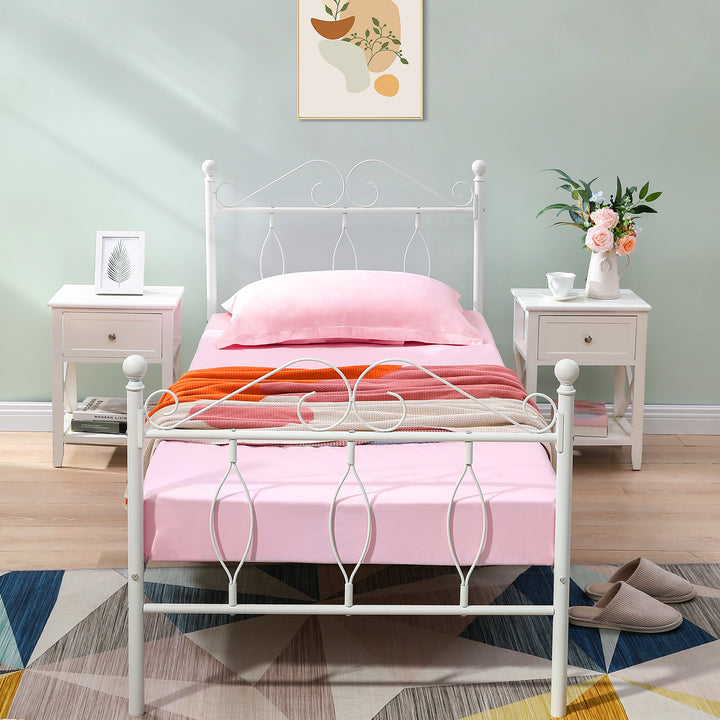 FurnitureR Metallbettgestell (Einzelbettgröße) mit Kopf- und Fußteil, Lattenrost aus Stahl, geräuscharm, mit Stauraum unter dem Bett, weiß