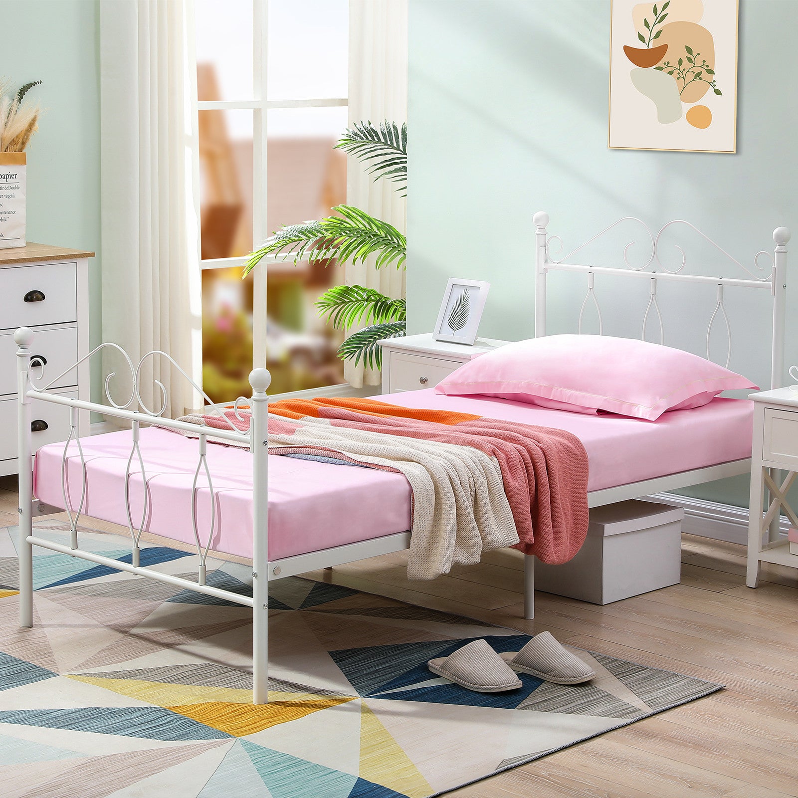 Cadre de lit en métal FurnitureR pour lit simple, avec tête et pied de lit, sommier à lattes en acier, silencieux, rangement sous le lit, blanc