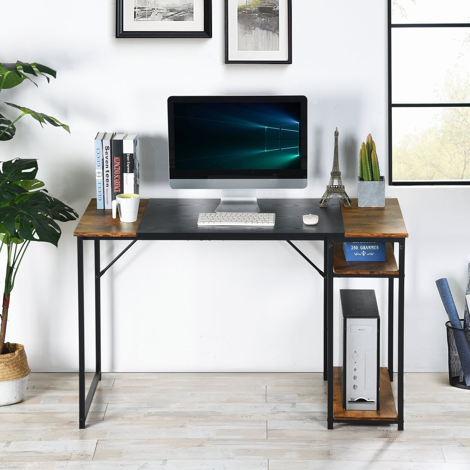 Bureau d'ordinateur FurnitureR de 120 cm avec étagères latérales, bureau gaming de style industriel avec structure en métal, poste de travail pour bureau à domicile avec rangement pour PC et ordinateur portable