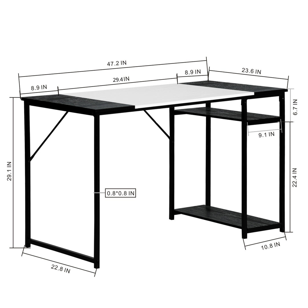Bureau d'étude FurnitureR 120 cm avec étagères de rangement, bureau d'ordinateur avec structure en métal, table de travail peu encombrante pour bureau à domicile, noir/blanc
