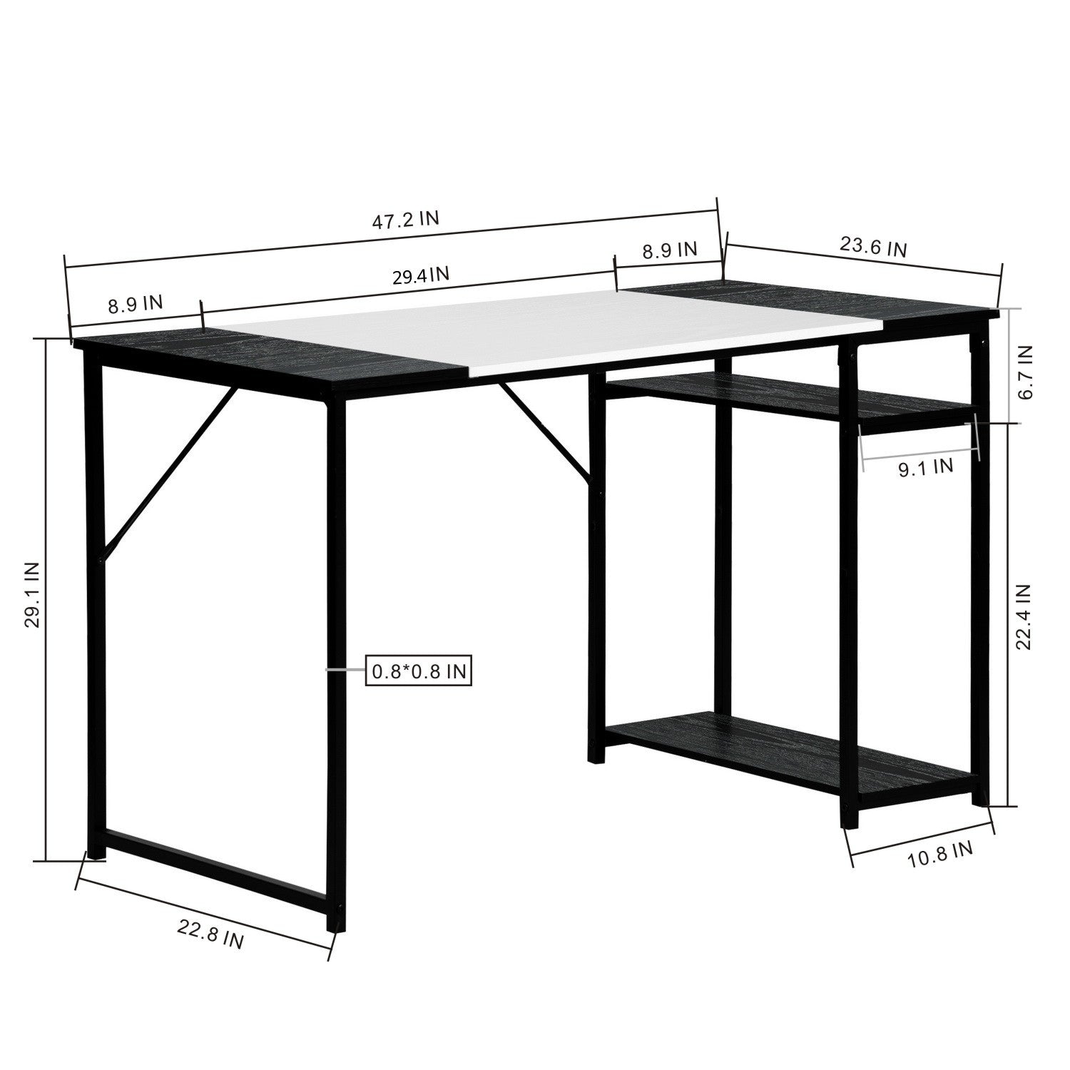 Bureau d'étude FurnitureR 120 cm avec étagères de rangement, bureau d'ordinateur avec structure en métal, table de travail peu encombrante pour bureau à domicile, noir/blanc
