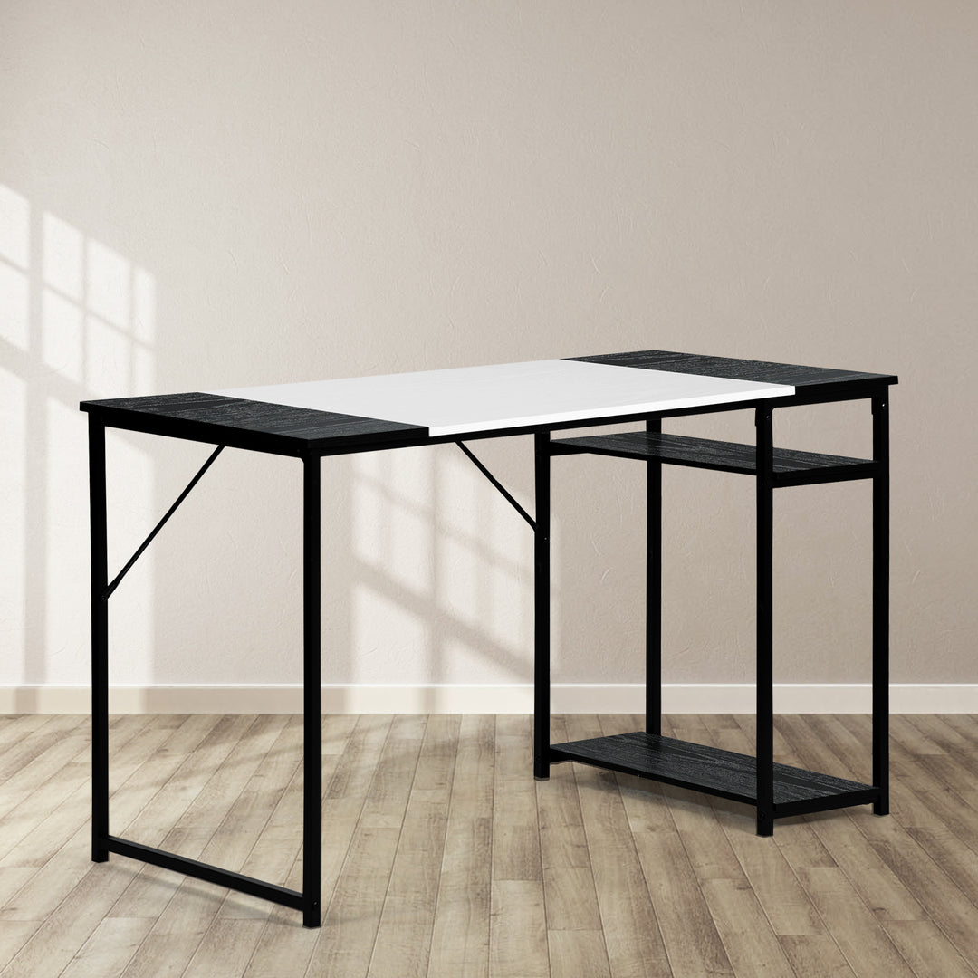 Bureau d'étude FurnitureR 120 cm avec étagères de rangement, bureau d'ordinateur avec structure en métal, table de travail peu encombrante pour bureau à domicile, noir/blanc