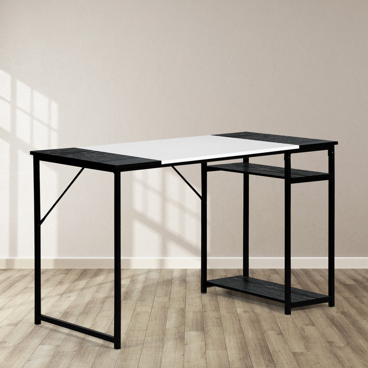 Bureau d'étude FurnitureR 120 cm avec étagères de rangement, bureau d'ordinateur avec structure en métal, table de travail peu encombrante pour bureau à domicile, noir/blanc