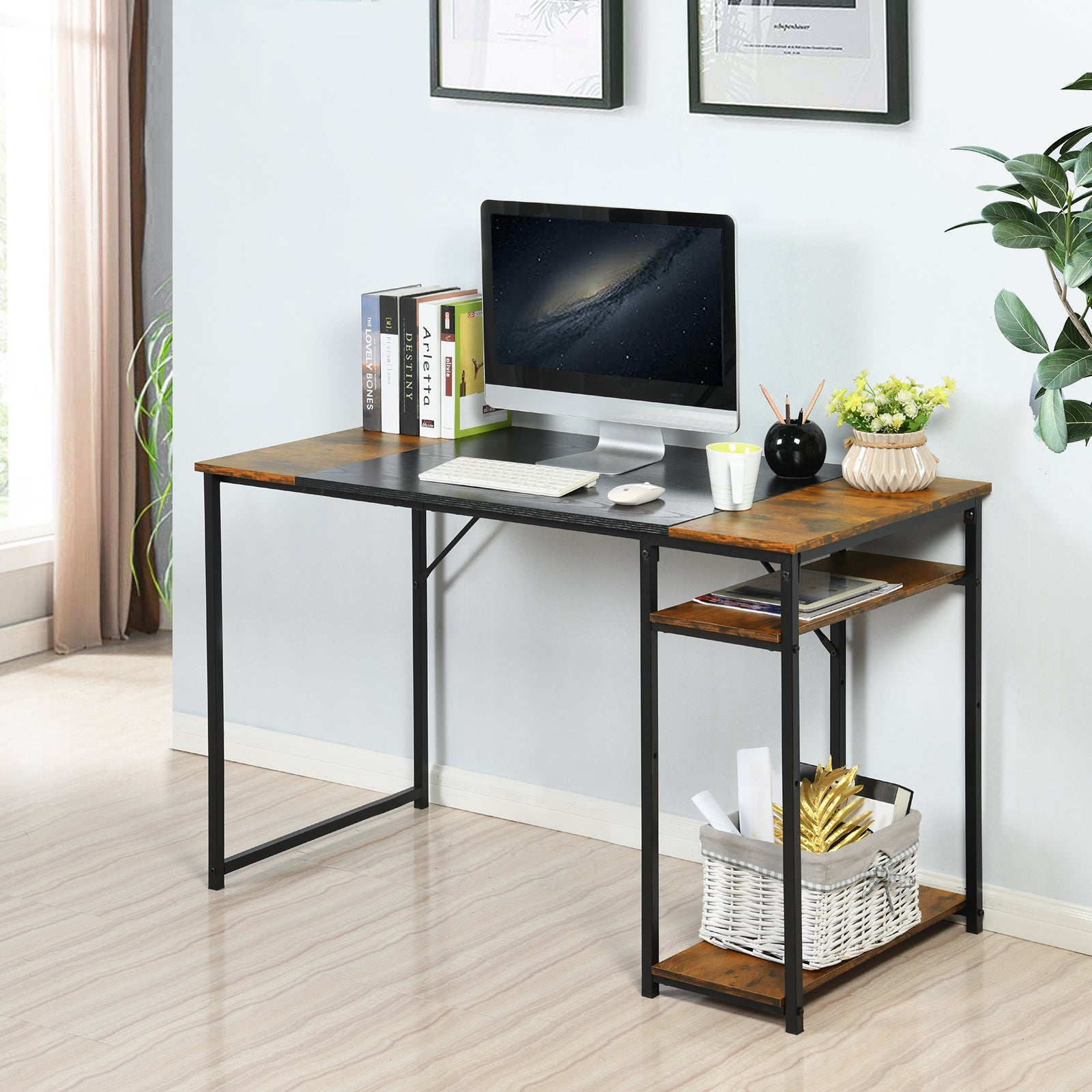 Bureau d'ordinateur FurnitureR de 140 cm avec étagères latérales, bureau gaming de style industriel avec structure en métal, poste de travail pour bureau à domicile avec rangement pour PC et ordinateur portable