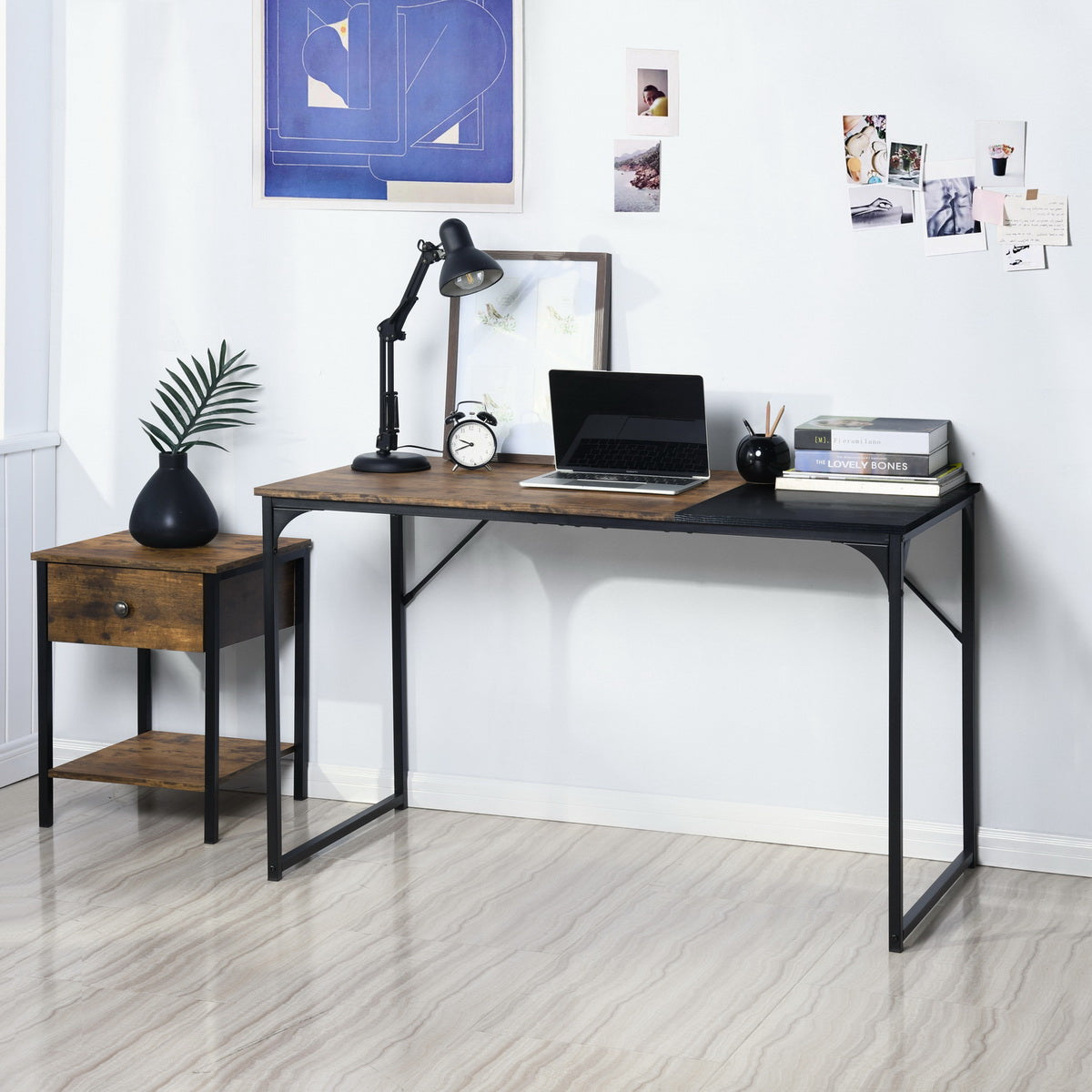Bureau d'ordinateur simple de 120 cm (47,2 po) pour ordinateur portable ou PC, structure métallique robuste, marron et noir, idéal pour la maison ou le bureau. 