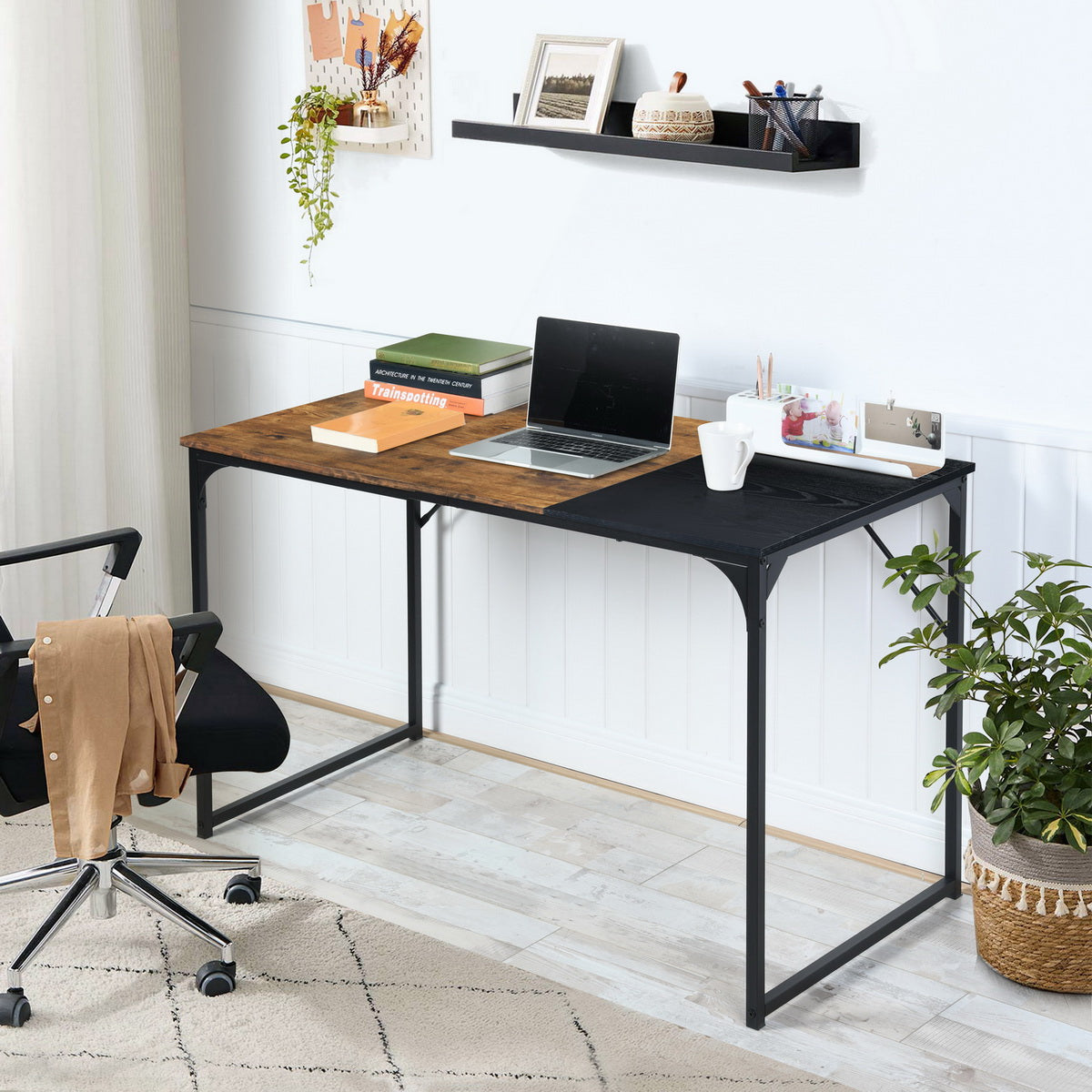 Bureau d'ordinateur simple de 120 cm (47,2 po) pour ordinateur portable ou PC, structure métallique robuste, marron et noir, idéal pour la maison ou le bureau. 