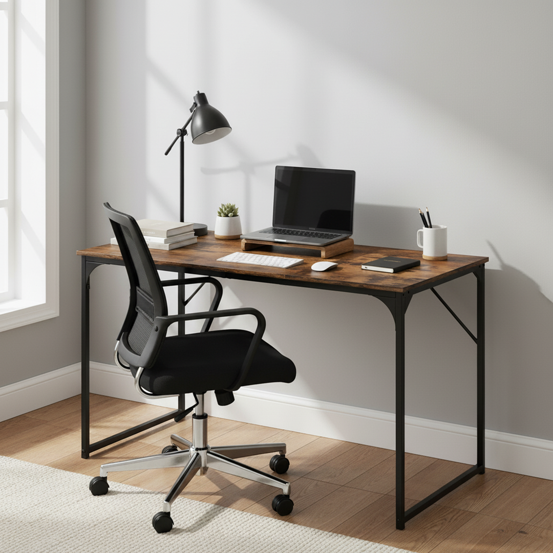 FurnitureR 120 cm (47,2 Zoll) Home-Office-Tisch, einfacher Computertisch für Laptop/PC, stabiles Metallgestell für Arbeitszimmer, rustikales Braun 