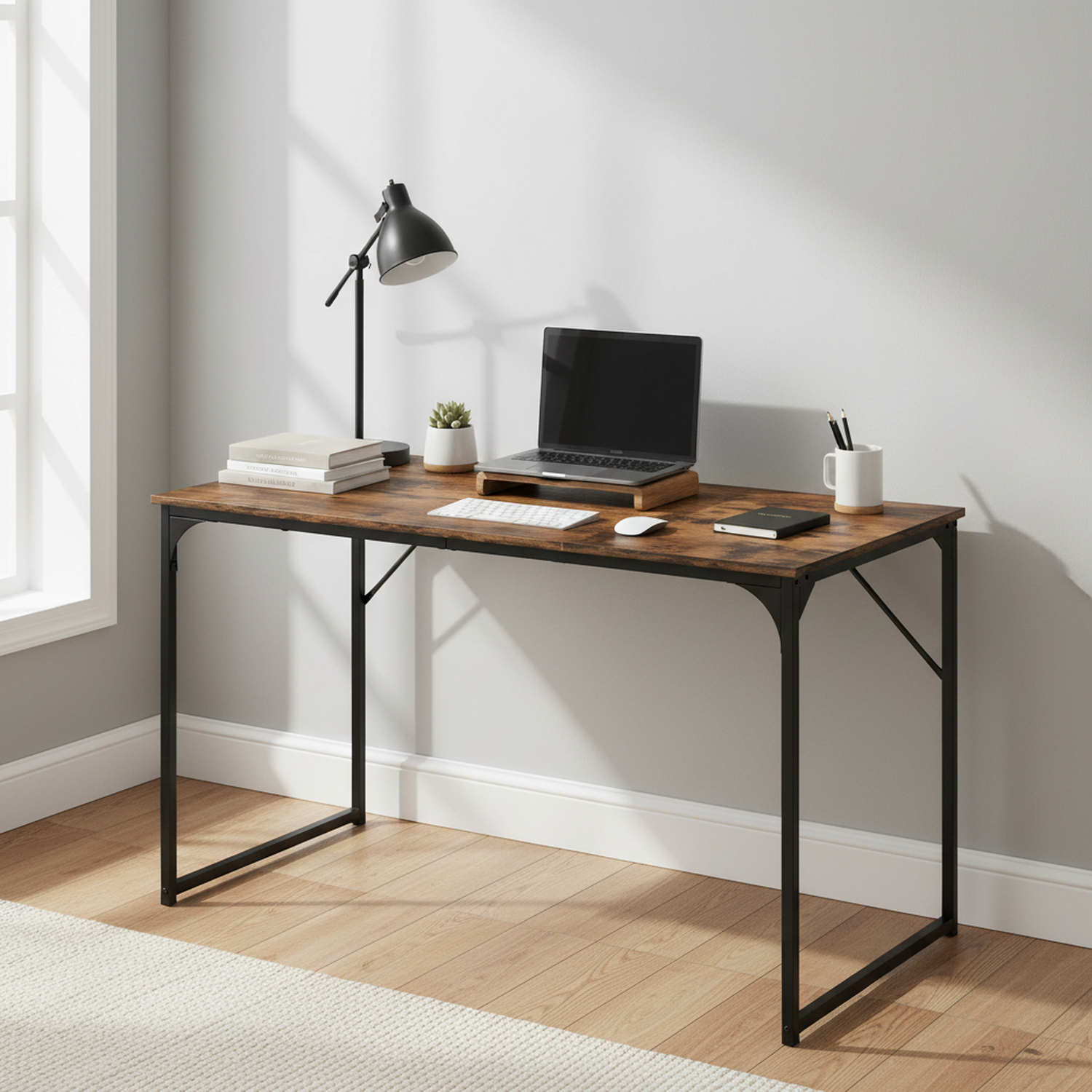 Bureau d'ordinateur simple FurnitureR 47,2 po pour ordinateur portable, cadre métallique robuste, marron rustique 