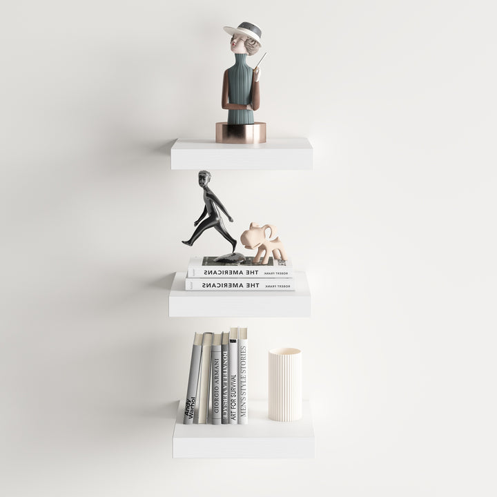 Ensemble de 3 étagères murales carrées flottantes FurnitureR, style rustique, en bois, blanches, pour salle de bain, chambre, salon et cuisine.