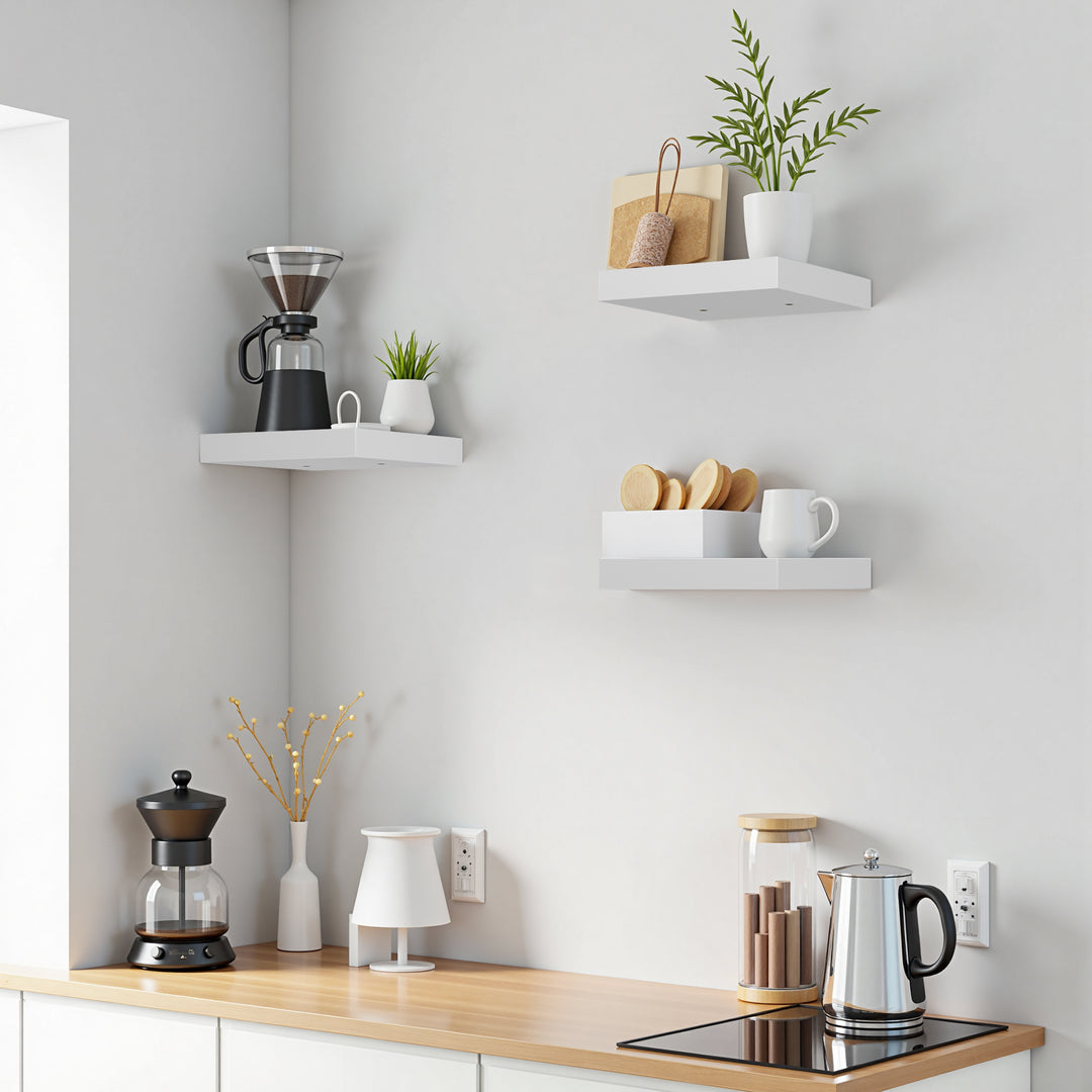 Ensemble de 3 étagères murales carrées flottantes FurnitureR, style rustique, en bois, blanches, pour salle de bain, chambre, salon et cuisine.