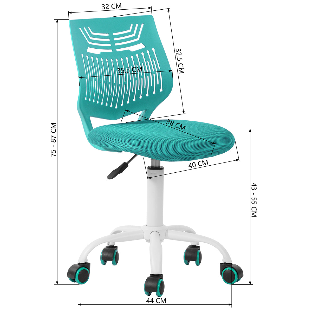Chaise de bureau FurnitureR sans accoudoirs, réglable, avec coussin rembourré en maille, pivotante et à roulettes, verte.