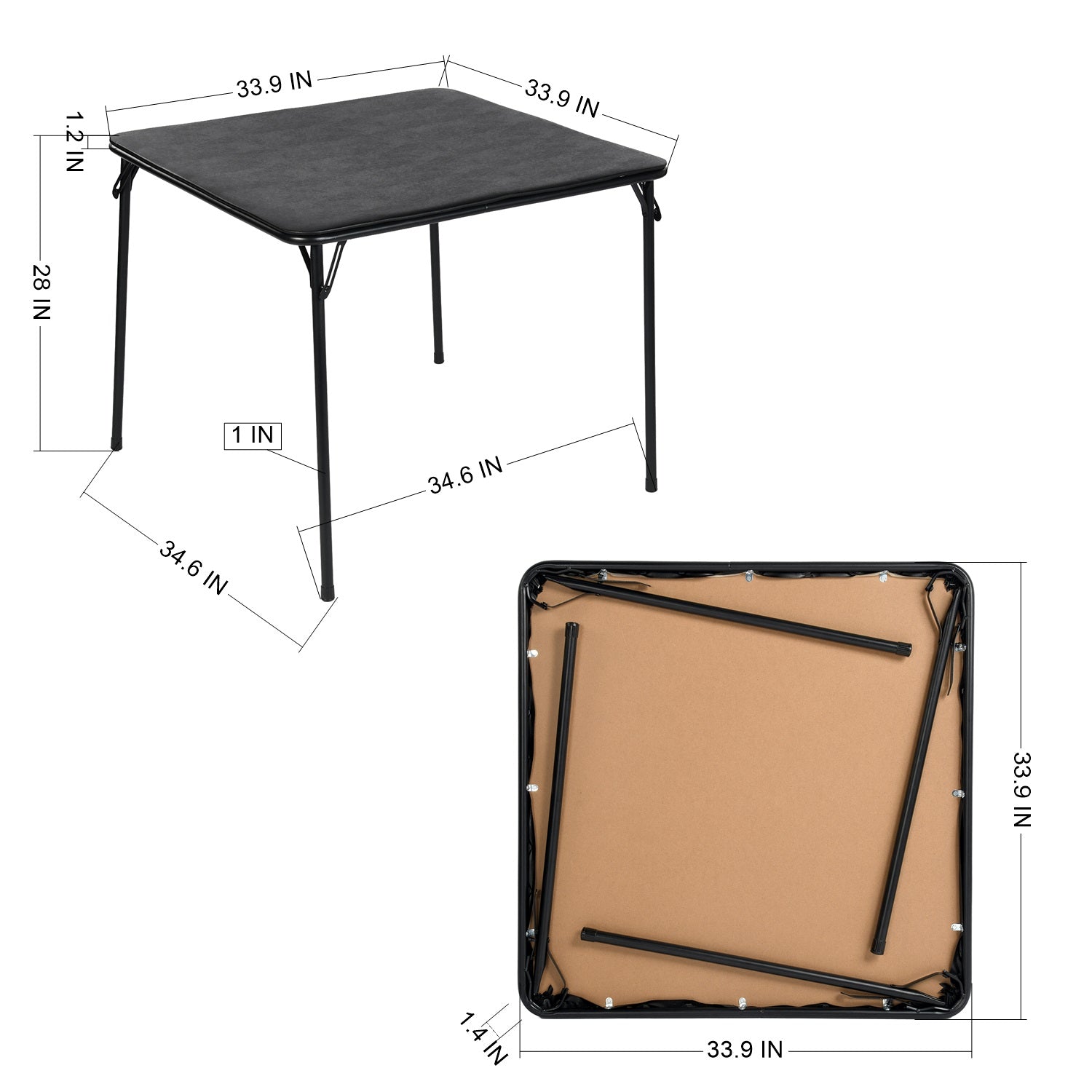 Ensemble table et chaise pliantes FurnitureR 2 pièces pour 1 personne, table carrée compacte avec tabouret, idéal pour les petits espaces, maison, terrasse, noir