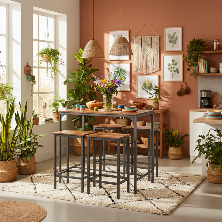 FurnitureR Ensemble de 1 Table Haute et 4 Tabourets Bar, Bois Foncé et Métal, Design Industriel, Meuble Gain de Place, Idéal Cuisine et Salle à Manger, Style Moderne, Facile à Monter, Durable