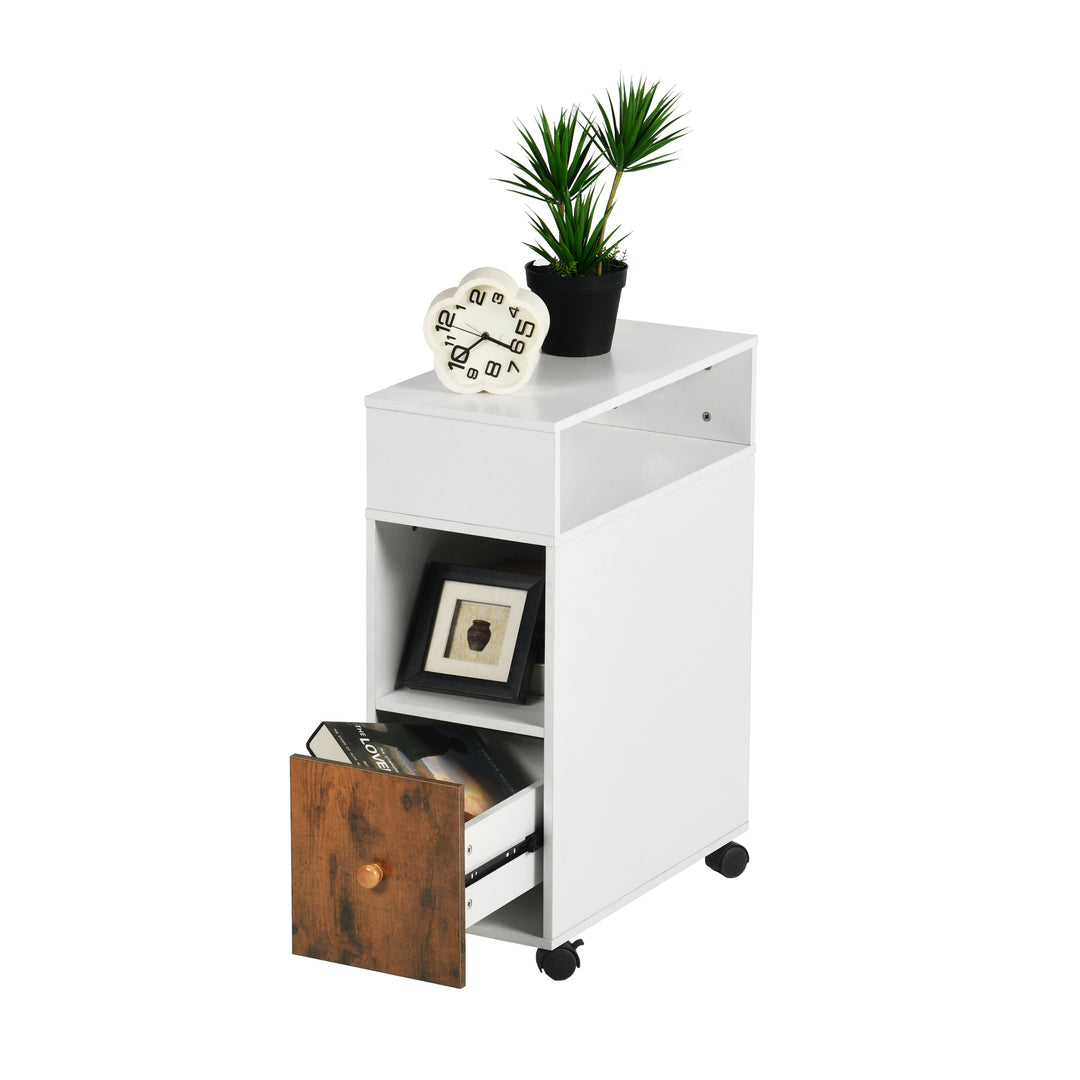 Classeur mobile FurnitureR, classeur vertical à roulettes avec tiroir et étagères de rangement double face, organiseur de dossiers en bois blanc/marron