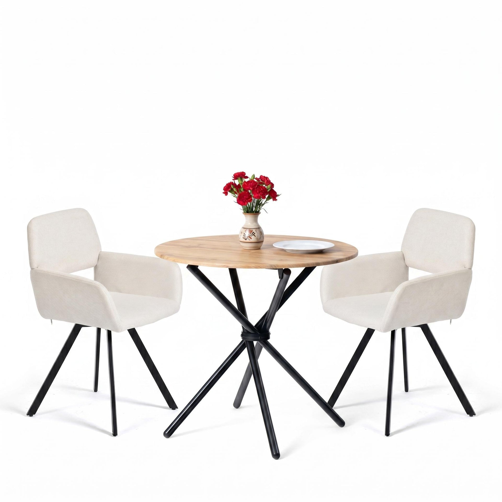 FurnitureR 3-Piece Round Dining Table Set with 2 Swivel Upholstered Armchairs, 31.5" Kitchen & Bistro Table Set for Small Spaces, Natural Wood Finish
