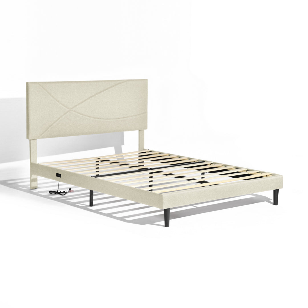 FurnitureR Bettgestell (Queen-Size) mit Kopfteil, Stoffkopfteil, Metallplattform, gepolsterter Matratzenunterlage, Beige