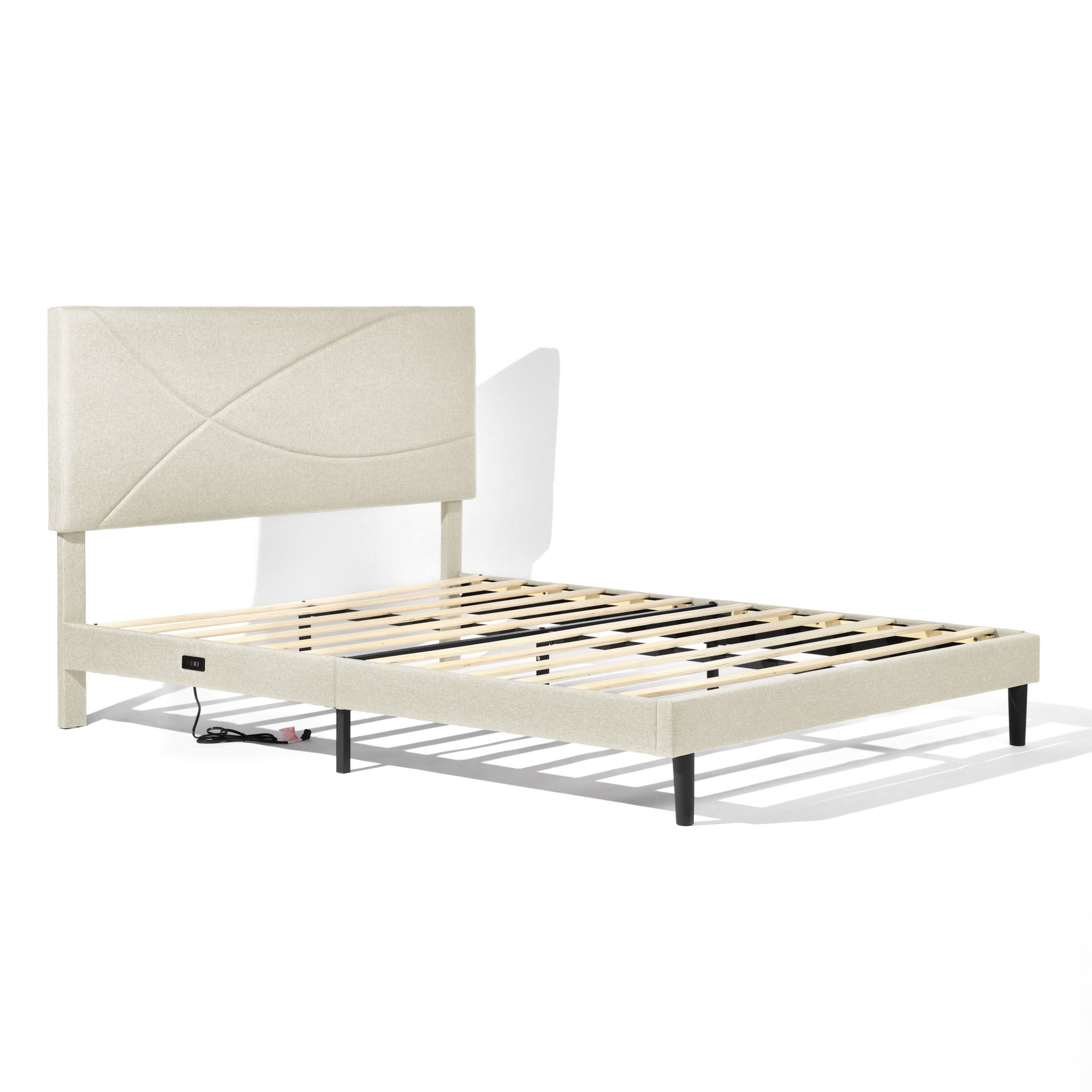 Cadre de lit FurnitureR Queen Size avec tête de lit en tissu, sommier à lattes en métal et matelas rembourré, beige