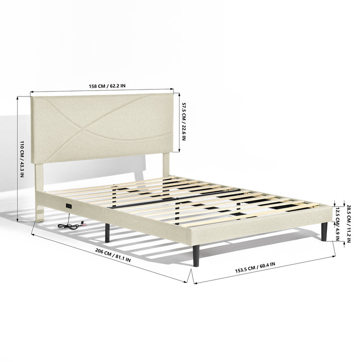FurnitureR Bettgestell (Queen-Size) mit Kopfteil, Stoffkopfteil, Metallplattform, gepolsterter Matratzenunterlage, Beige