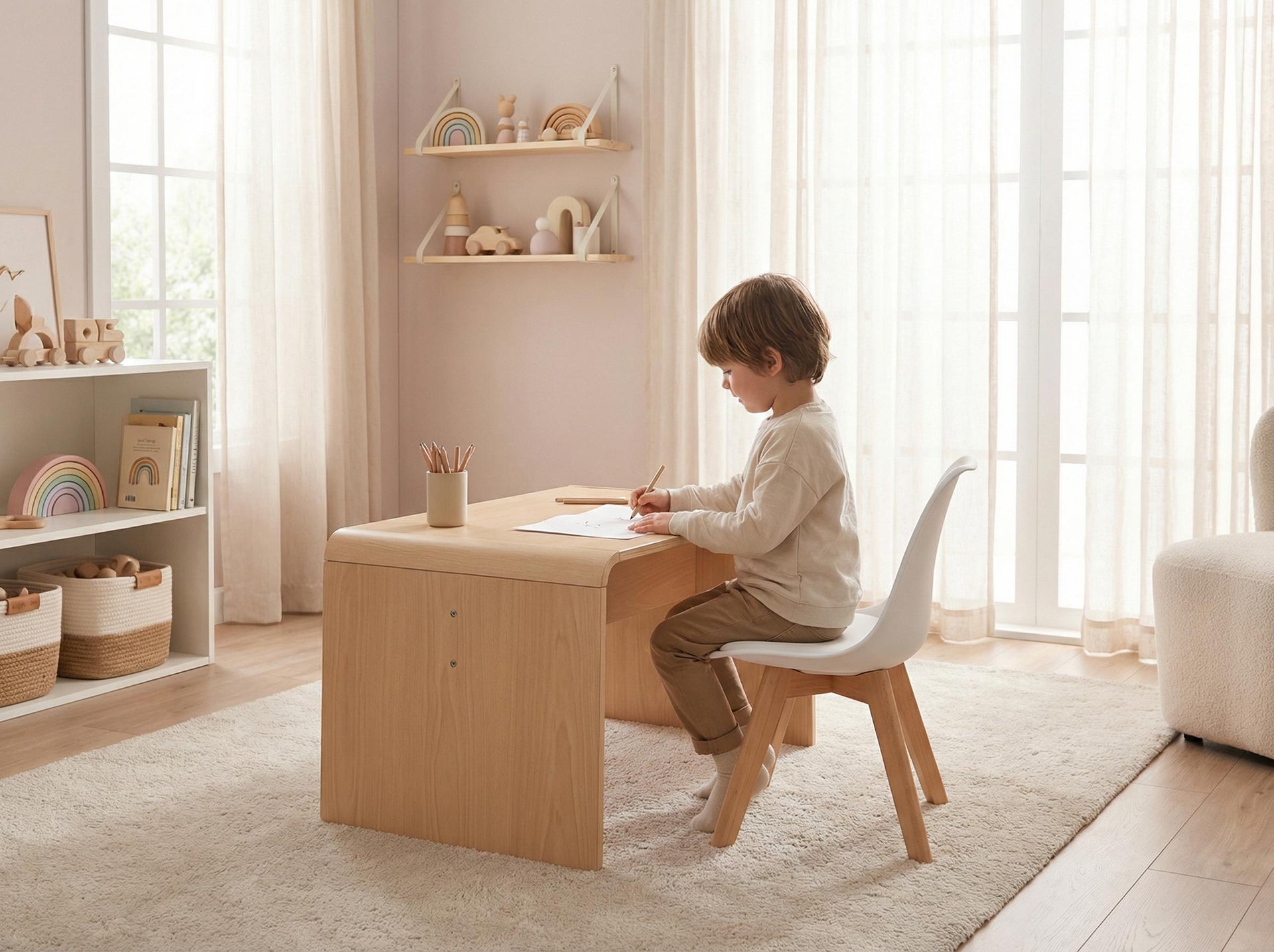 Semicitizen FurnitureR Chaise de Bureau Compacte Blanche – Design Scandinave, PP & PU, Pieds Hêtre Massif, 1 Pièce, 35x33,5x56 cm