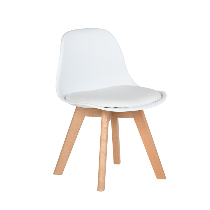 Chaise de bureau enfant Furniture R 1PC, assise rembourrée souple avec dossier en PP, coussin en PU blanc, pieds en hêtre massif, hauteur 55 cm, idéale pour les chambres d'enfants, en intérieur ou en extérieur.