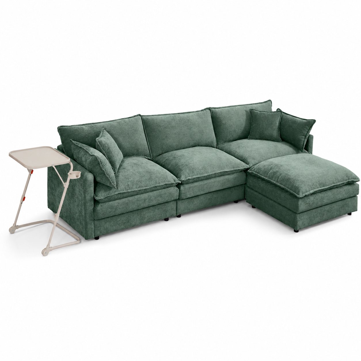 FurnitureR Sectional Sofa with Folding Tray Table, Modular L-Shaped Couch with Ottoman and Accent Pillows for Living Room Apartment, Mint Green