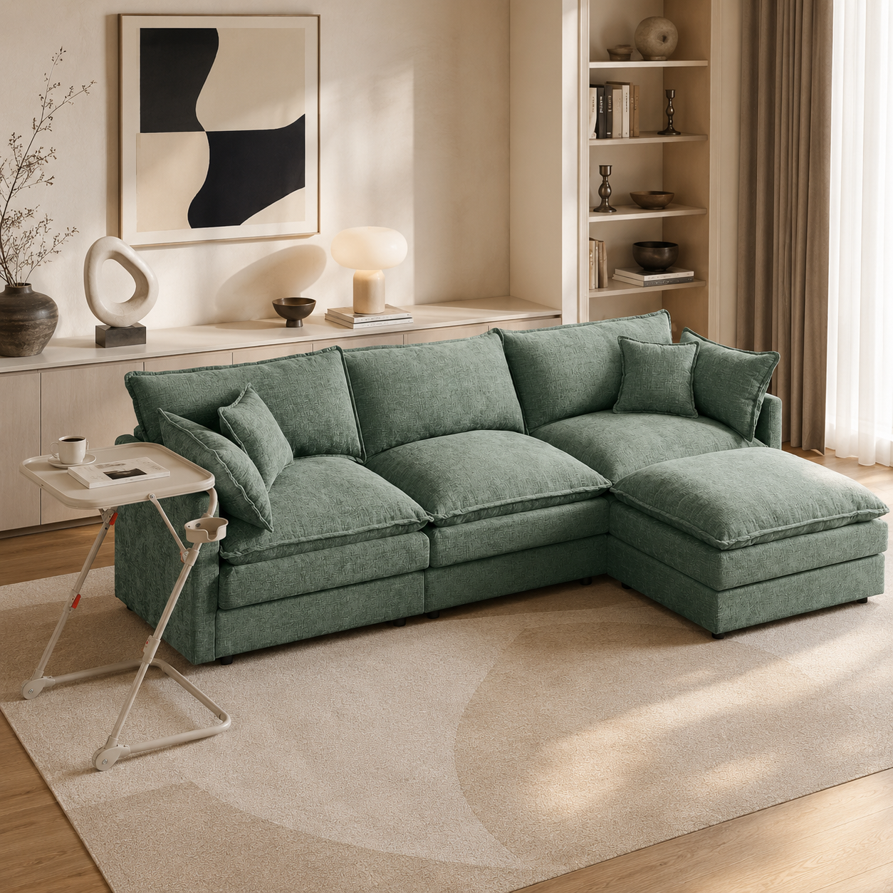 FurnitureR Sectional Sofa with Folding Tray Table, Modular L-Shaped Couch with Ottoman and Accent Pillows for Living Room Apartment, Mint Green